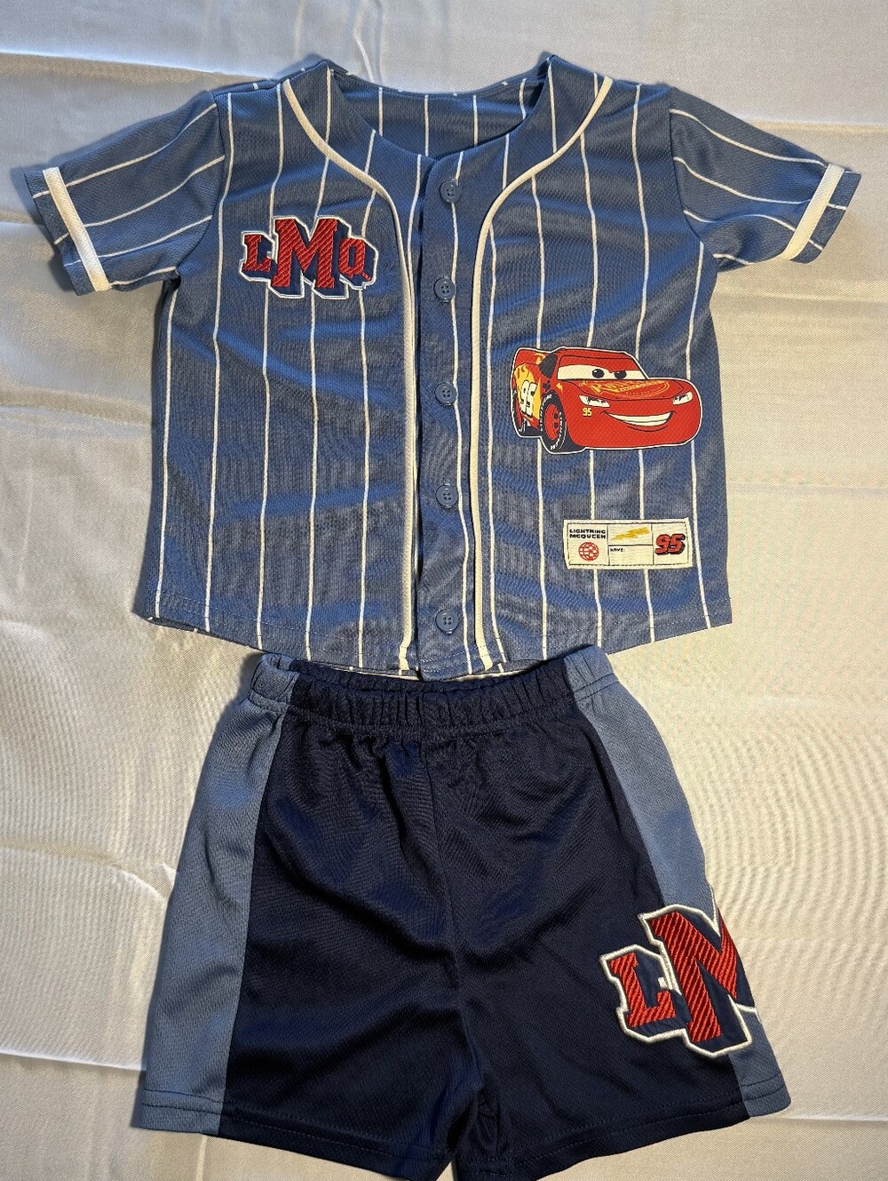 Disney Blue Pinstripe Lightning McQueen Baseball Shirt & Navy Shorts Set